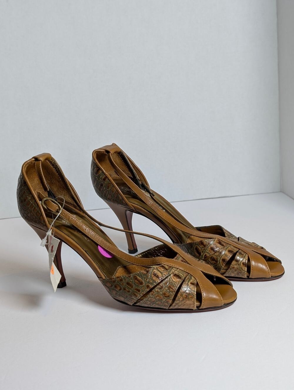 Donald J Pliner Couture Womens 7M Brown Leather Croc Ankle Strap Heels Italy